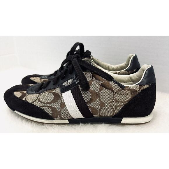 Coach Signature Joss Ladies Sz 8M Monogram Brown Leather & Suede Sneakers EUC - Picture 2 of 9